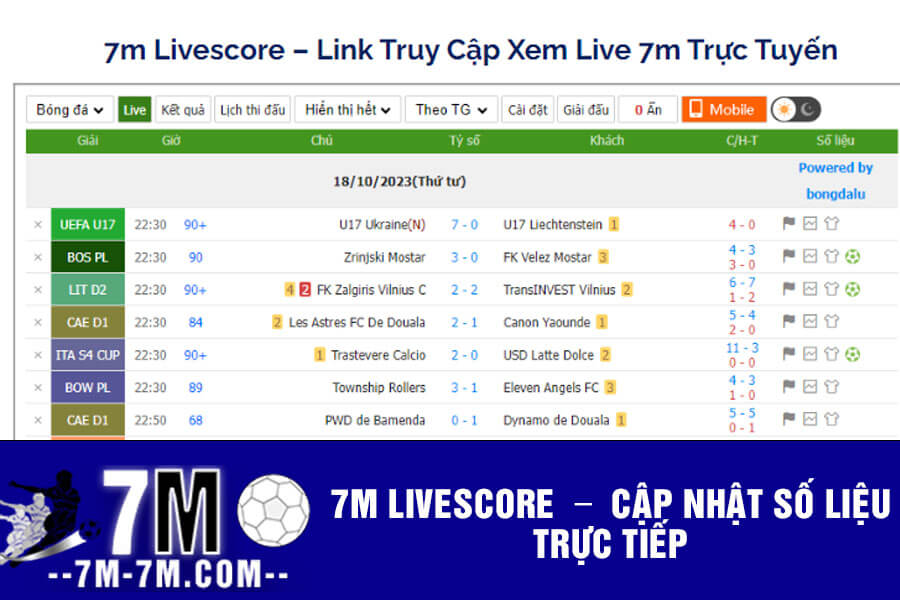 7m Livescore Cập nhật số liệu trực tiếp